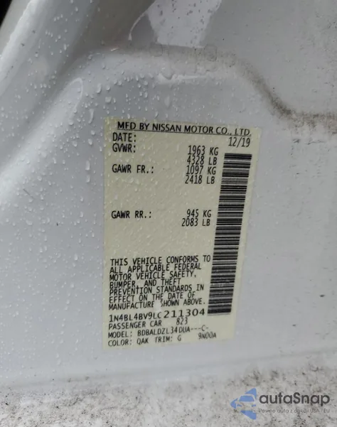 2020 Nissan Altima S z USA, uszkodzony, nr VIN 1N4BL4BV9LC211304